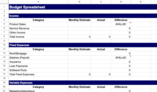 budgeting downloadable spreadsheet
